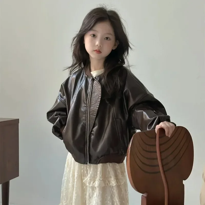 Chaquetas coreanas para niños, ropa de cuero para niñas, abrigo suelto, chaqueta locomotora, Tops, tendencia, fresco, Otoño, nuevo, 2024