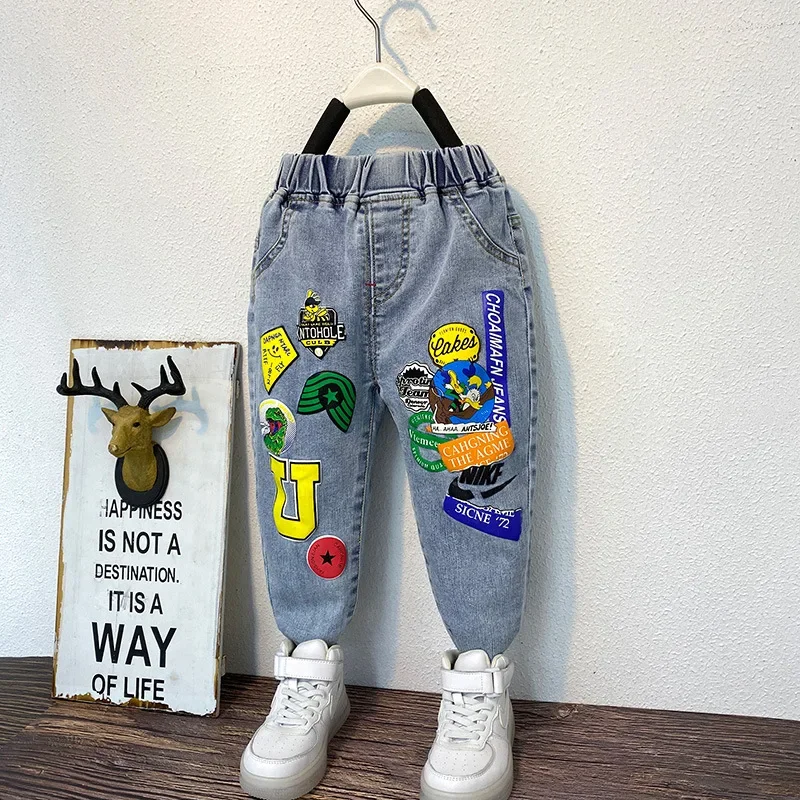 Boys' Graffiti Stretch Jeans Spring and Autumn New Children's All-Match Trendy Brand Pants Boys' Foreign Trade Crawler