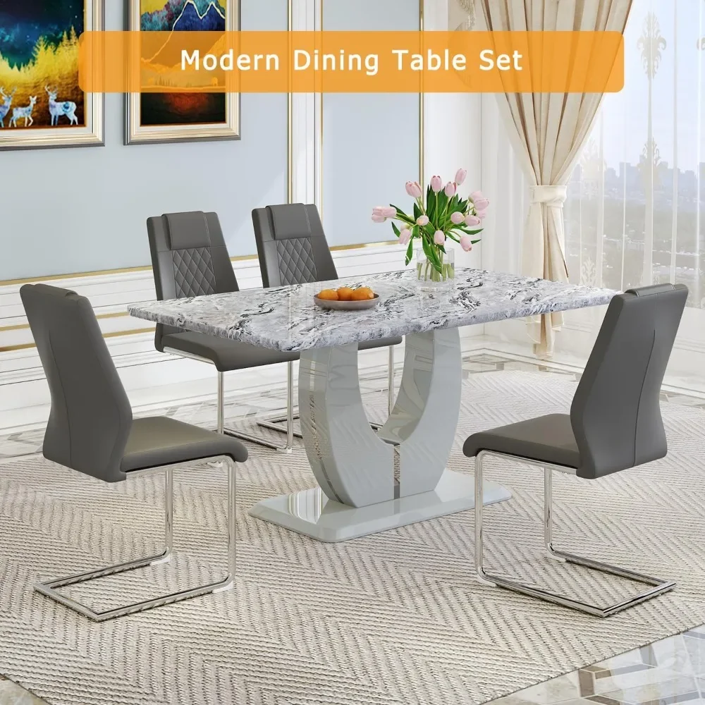 Modern Kitchen and Dining Table Set,63in Table And Chairs Set Of 4 With Faux Mareble Table TopDinner Faux Pu LeatherChairs Ideal