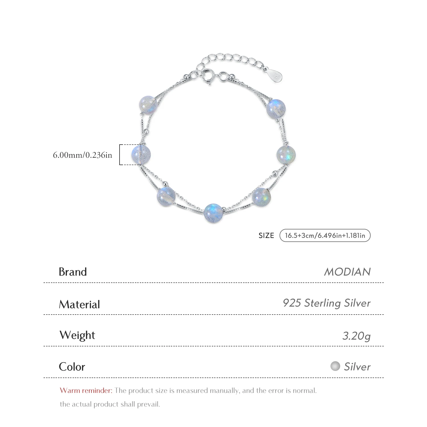 MODIAN Natural Moonlight Crystal Bracelet Genuine 925 Sterling Silver Chain Link Bangle Jewelry Accessories Women Jewelry Bijoux