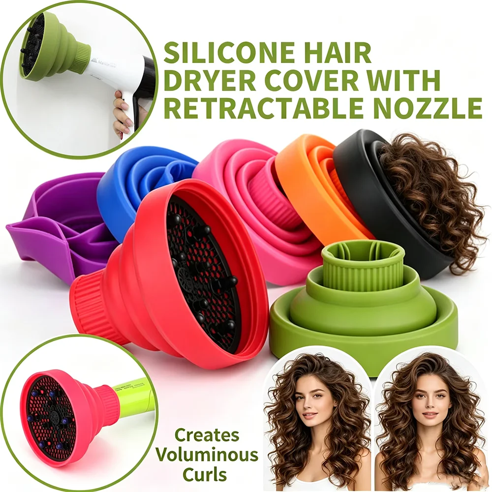 Collapsible Silicone Hair Dryer Diffuser, Universal Foldable Blow Dryer Cover for Curly & Wavy Hair, Portable Retractable Nozzle