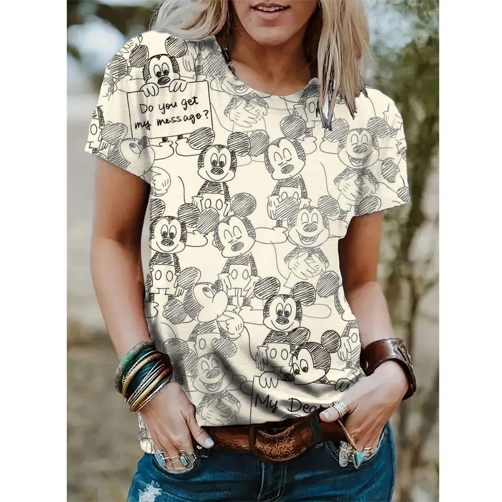 Camiseta con estampado de Mickey Mouse para mujer, camisa de verano para hombre, blusas de moda para mujer, Tops femeninos de Minnie de dibujos animados, ropa Kawaii 2024