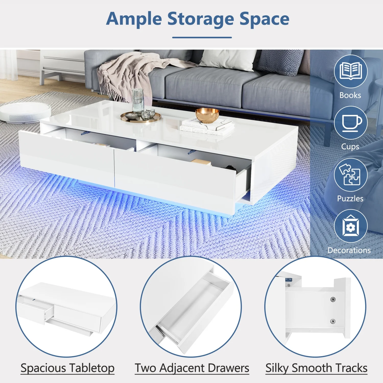 طاولة قهوة حديثة شديدة اللمعان مع درجين وإضاءة LED وطاولة غرفة معيشة أنيقة بسعة تحميل 30 كجم، 115 × 55 × 34 سم