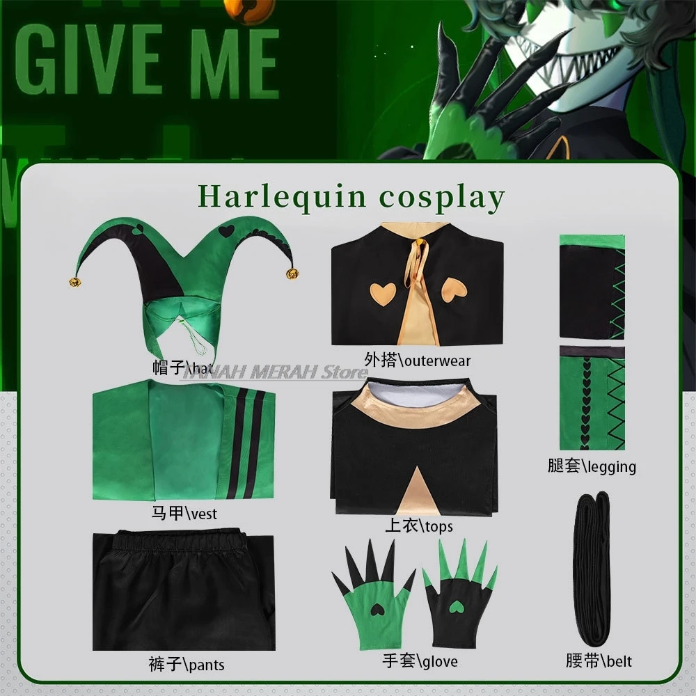 Carnival disfraz  Green Clown Freak Circus Pierrot Cosplay Harlequinn Clown Hat Halloween Horror Men adulto mujer view 6