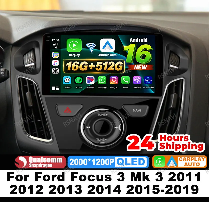 Rádio Automotivo Android 16 para Ford Focus 3 Mk 3 2011 2012 2013 2014 2015-2019 GPS 5G WIFI Wireless Carplay Auto Vídeo Player 4G LTE