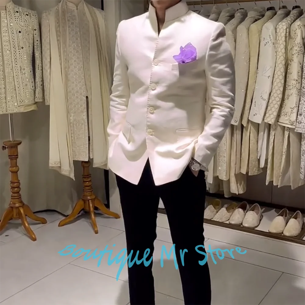 

Роскошные мужские костюмы из 2 предметов с воротником-стойкой, однобортный белый пиджак, комплект, элегантный смокинг для жениха, официальный костюм для свадьбы и вечеринки