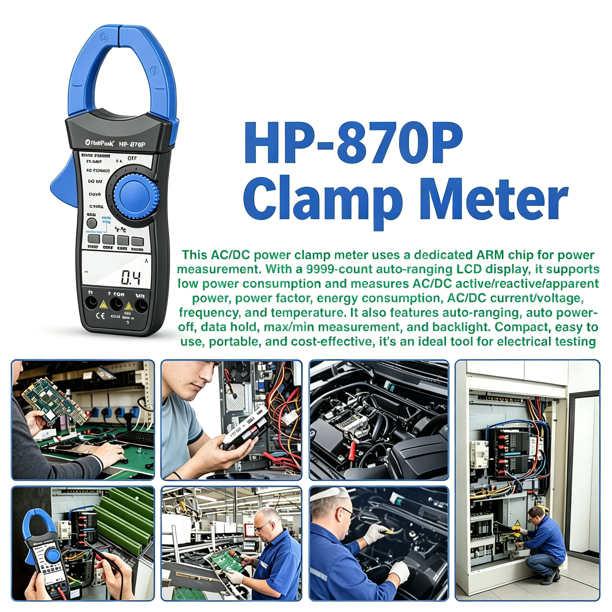 HP870P Digital Clamp Meter TRMS, AC/DC Current Resistance Capacitance Tester with Auto Range Backlight for Field & Auto Work