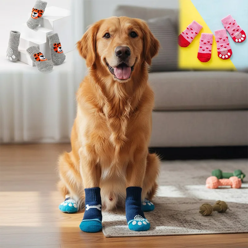 4Pcs/Set Anti-Slip Knitted Dog Socks Cartoon Tiger Puppy Cat Indoor Wear Shoes Thick Warm Paw Protector for Small Medium Dogs