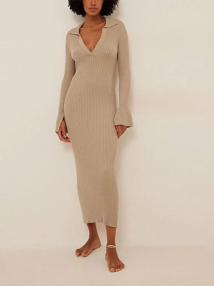 Ximina Traf 2024 Ribbed Knitted Long Dresses For Women Casual Lapel V-Neck Flare Long Sleeve Dress Female Bodycon Streetwear