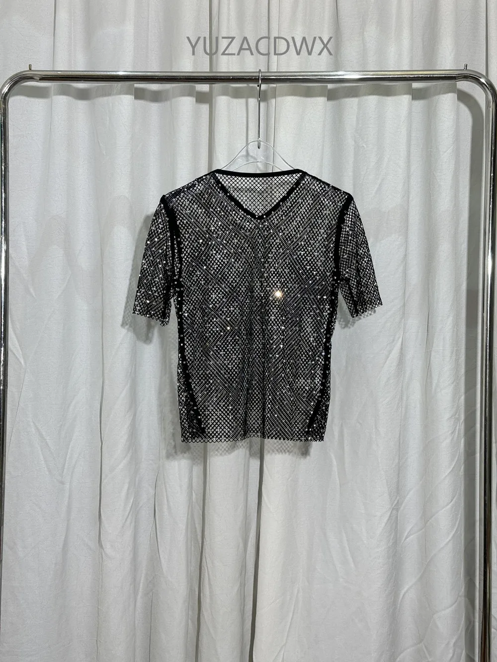 2025 New  Hot-drilled Fishnet Hollow See-through T-shirt Design V-neck Slim-fitting Short Women’s Fashion Top y2k