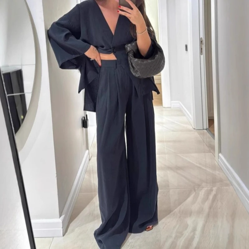 

Spring and Autumn Fashion and Leisure Suit V-neck One Button Loose Long-sleeved Shirt High Waist Trousers Women's Two-piece Suit