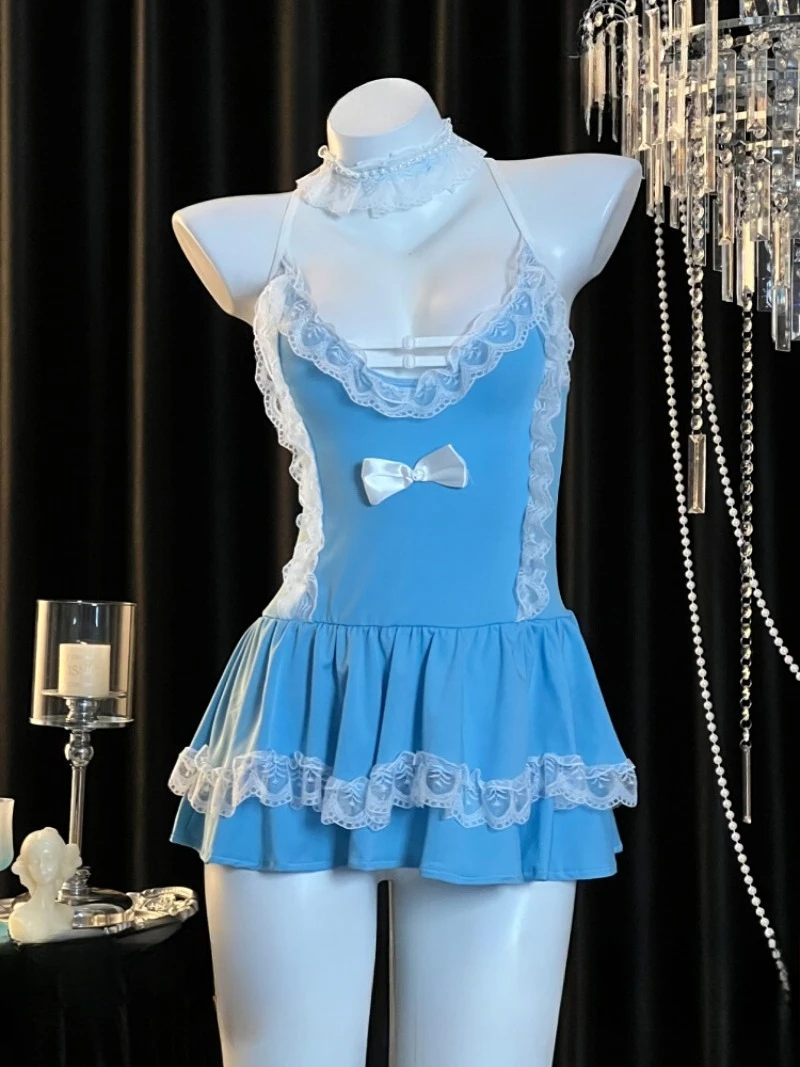 

Сексуальная и чистая синяя униформа горничной с лямкой на шее, короткая юбка с нежным бантом, наряд для пары, милая и женственная ролевая игра в стиле JK, романтическая