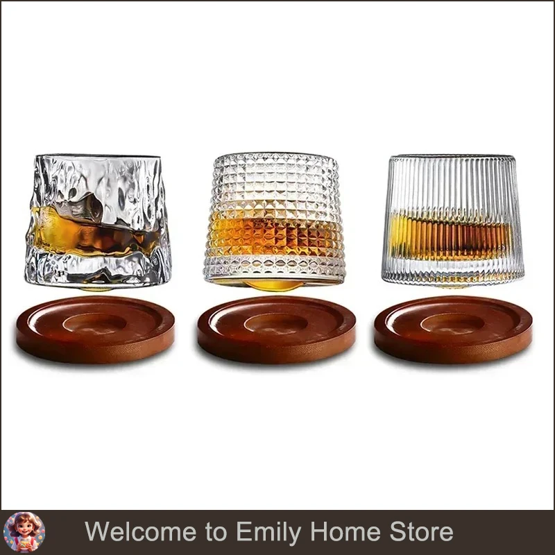 Rotatable Whiskey Glass with Wooden Base Suitable Creative Novel Bar Supplies Vintage Wine Glass for Brandy Scotch Bourbon