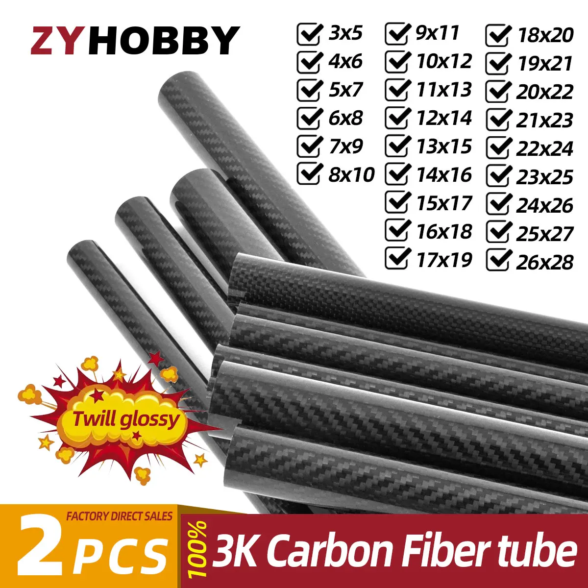 2Pcs 3K Full Carbon Fiber Tube Twill Glossy High Composite Hardness DIY Japan Material Pipe Length 500mm RC Airplane Accessories