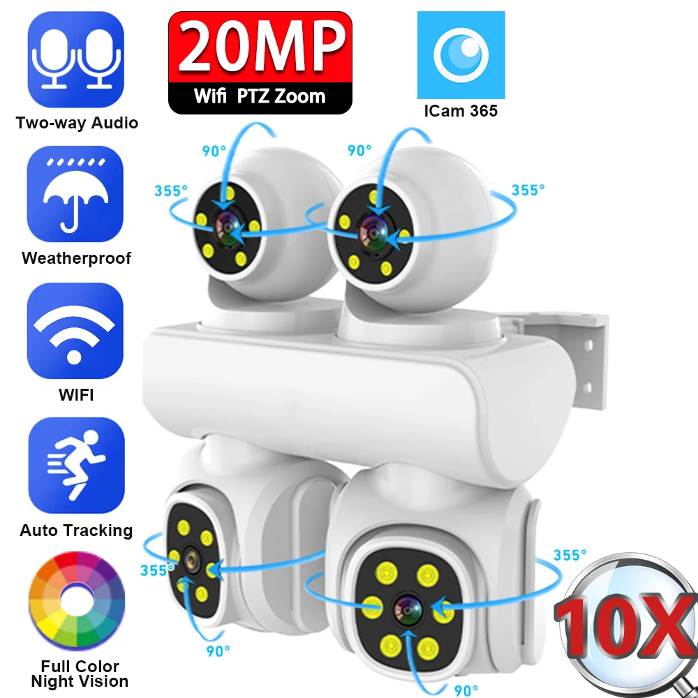 

10K 20MP Camera Outdoor CCTV Four Lens Panoramic View, Two-way Audio, 10X Zoom & Automatic Tracking Video Surveillance Camera