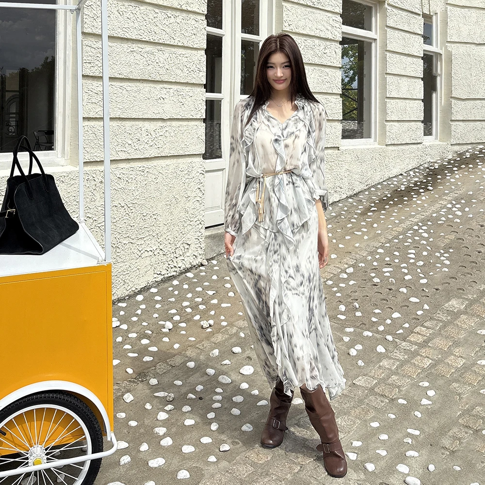 

Spring 2026 Women's Long Sleeve Leopard Print Ruffle Shirt Skirt Set Two Piece Suit Regular Fit Winter Fashion Ensemble