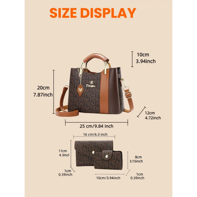 3-piece women's bag set, retro letter printed women's handbag, large-capacity shoulder and crossbody bag with multiple pockets view 5