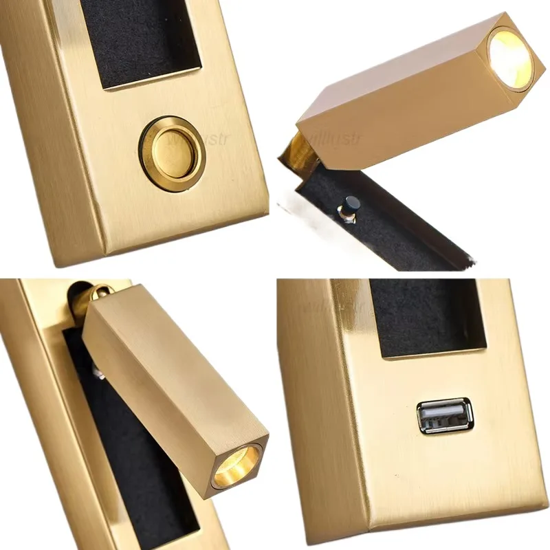 

Creative Gold Black Metal Wall Lamp Led Usb Sconce Bedside Embedded Aluminum Cylinder Cuboid Reading Lighting