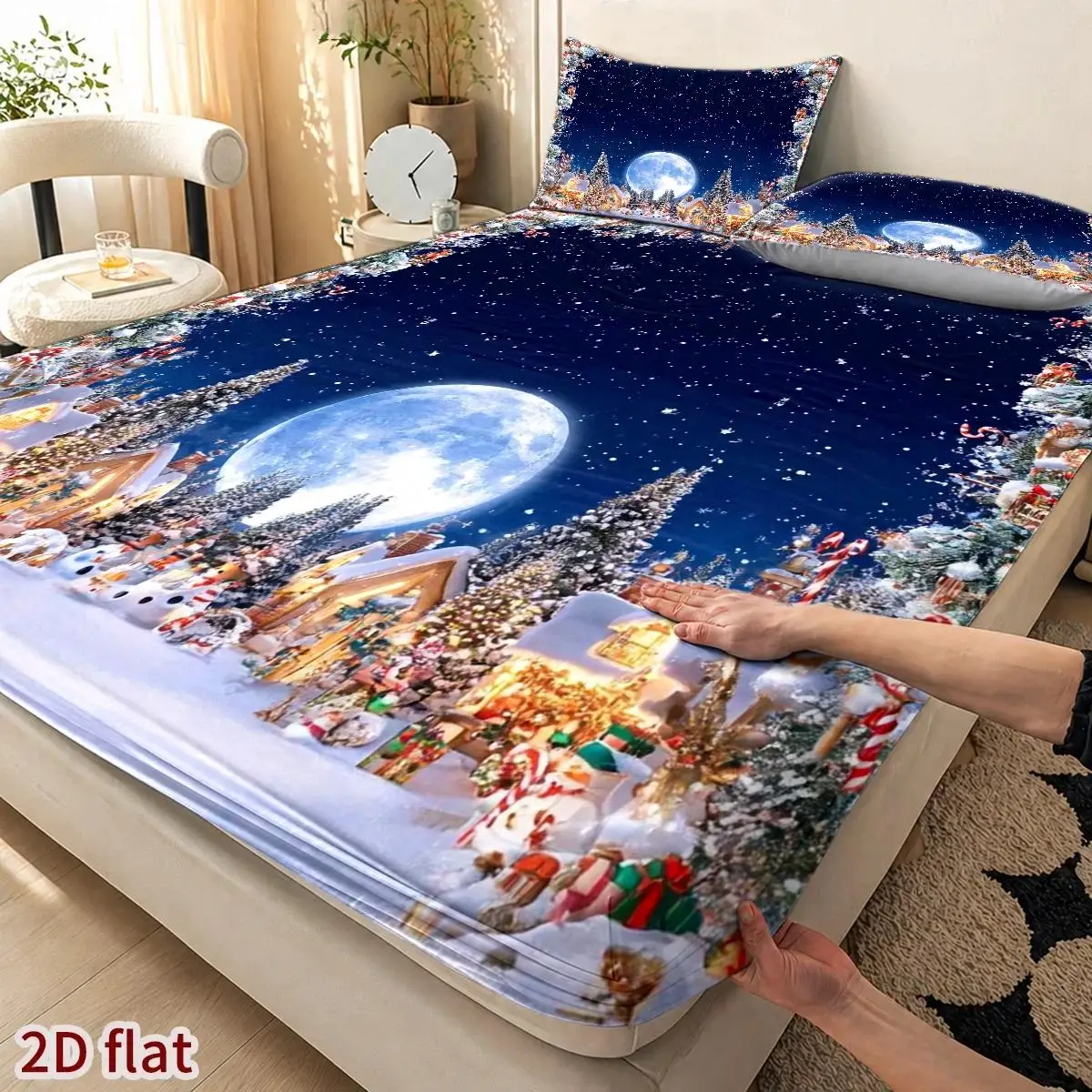 Newest 2D Digital Printed Three-Piece Bedding Set (Includes 1 Fitted Sheet + 2 Pillowcases) Winter Snow Scene Christmas Village Theme, Surreal Dreamy Style, Minimalist Mattress Protector, Fitted Elastic Style, Protective Cover, Mattress Protector, Christmas Limited Edition, Suitable for All Seasons, Machine Washable Design, Holiday Decoration, Various Sizes, Breathable Protective Cover Plus Pillowcase