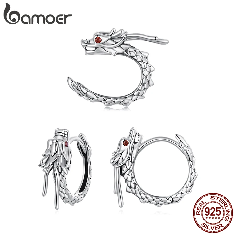 Bamoer 925 Sterling Silver Original Dragon Earrings Hoop Ear Clip Oxidized  Snake Unique For Women Girl Party Fine Jewelry Gift