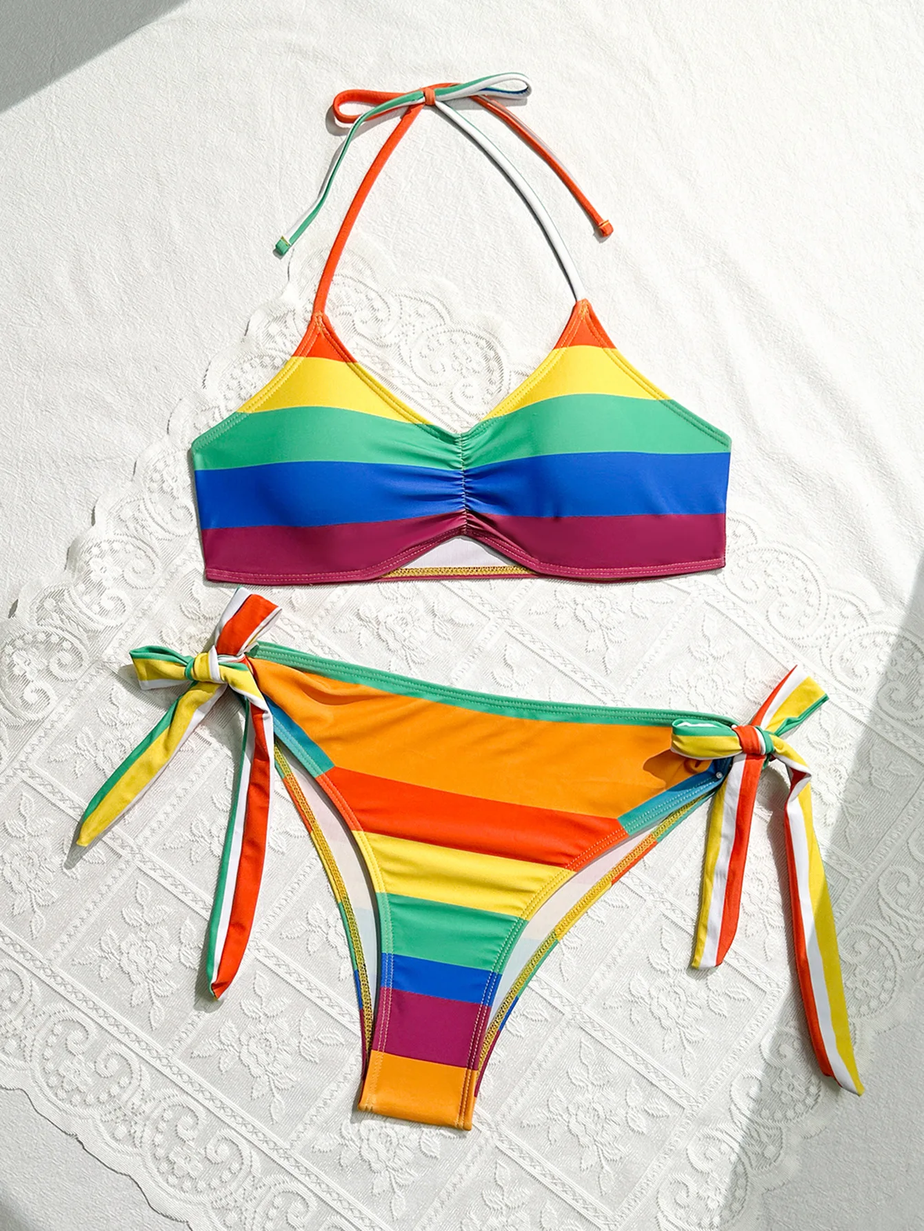 Seksowne tęczowe paski Halter Strappy Bikini damski strój kąpielowy damskie stroje kąpielowe dwuczęściowy zestaw bikini kąpiący strój kąpielowy pływać