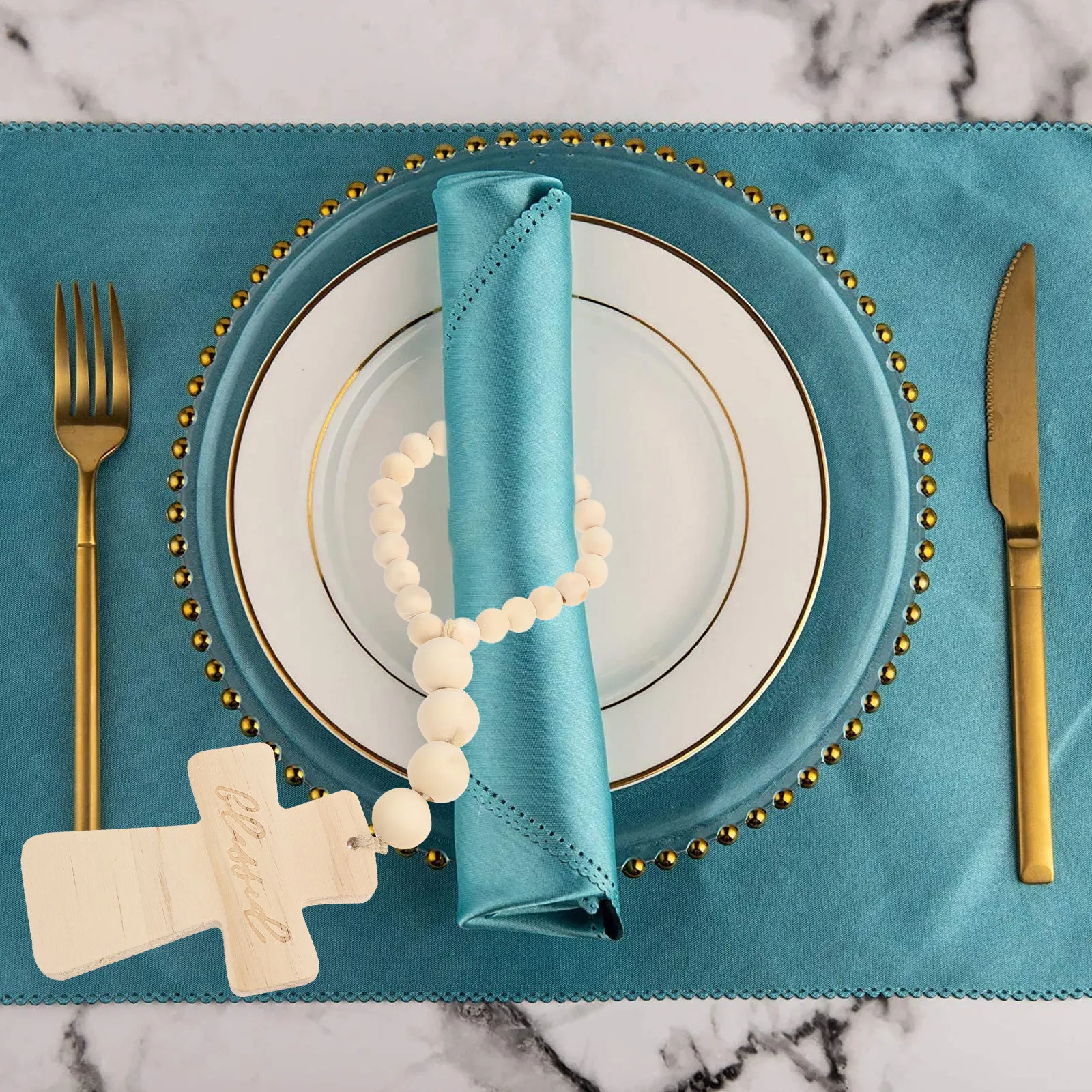 Rustic Wood Bead Napkin Rings Set of 2 – Farmhouse Dining Table Decor, Cross Tag Napkin Holders for Parties