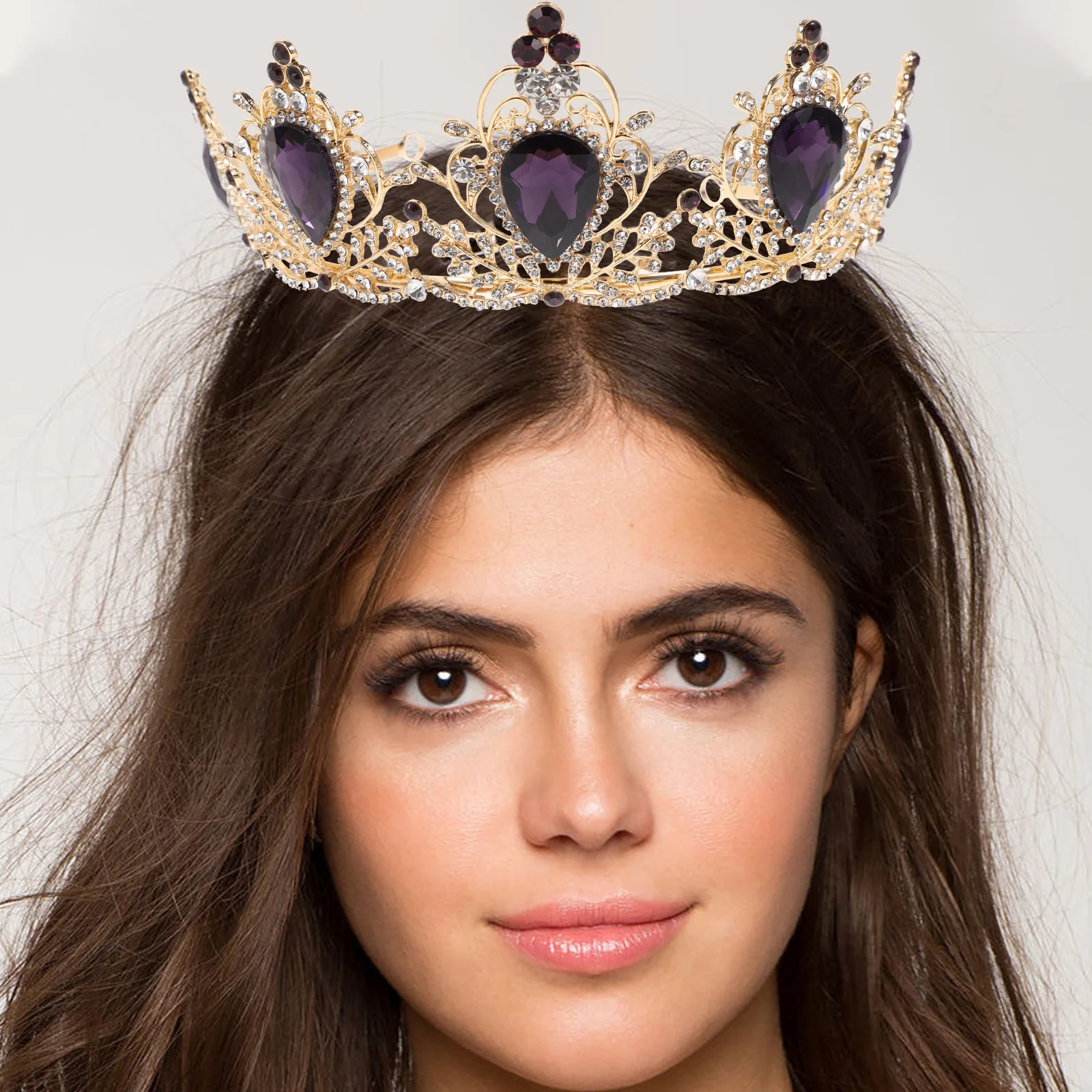 Sparkling Baroque Crown Rhinestones Purple Tiara Comb Wedding Decor