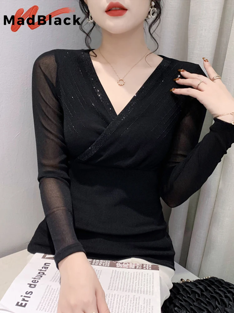 MadBlack Turtleneck T-Shirts Sexy Slim Hollow Out Keyhole Beaded Long Sleeve Women Stretchy Tops Tees Autumn Winter T20617S