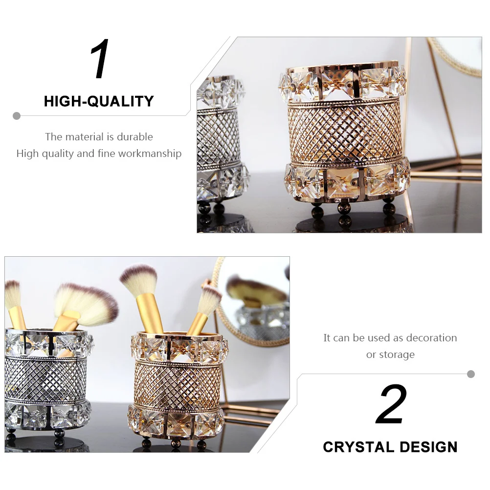 

1Pcs Crystal Storage Container Gold Pen Holder Makeup Brush Organizer Desktop Desktop Sundries Holder Hollow Crystal Decor