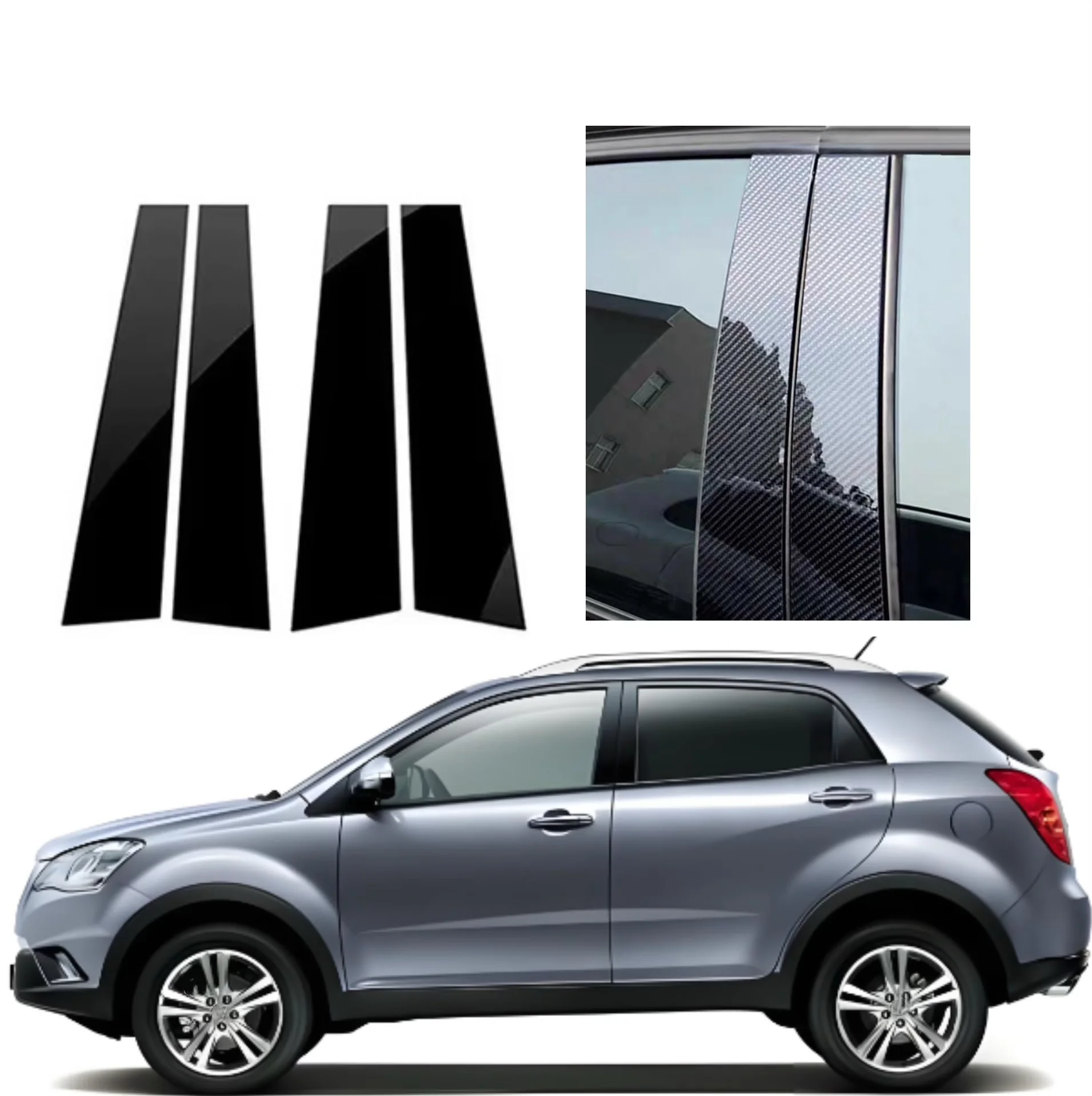 

4pcs Glossy Black Silver Carbon Pillar Post Fit For Ssangyong Korando 2011 - 2018 Door Window Column BC Trim Sticker Cover