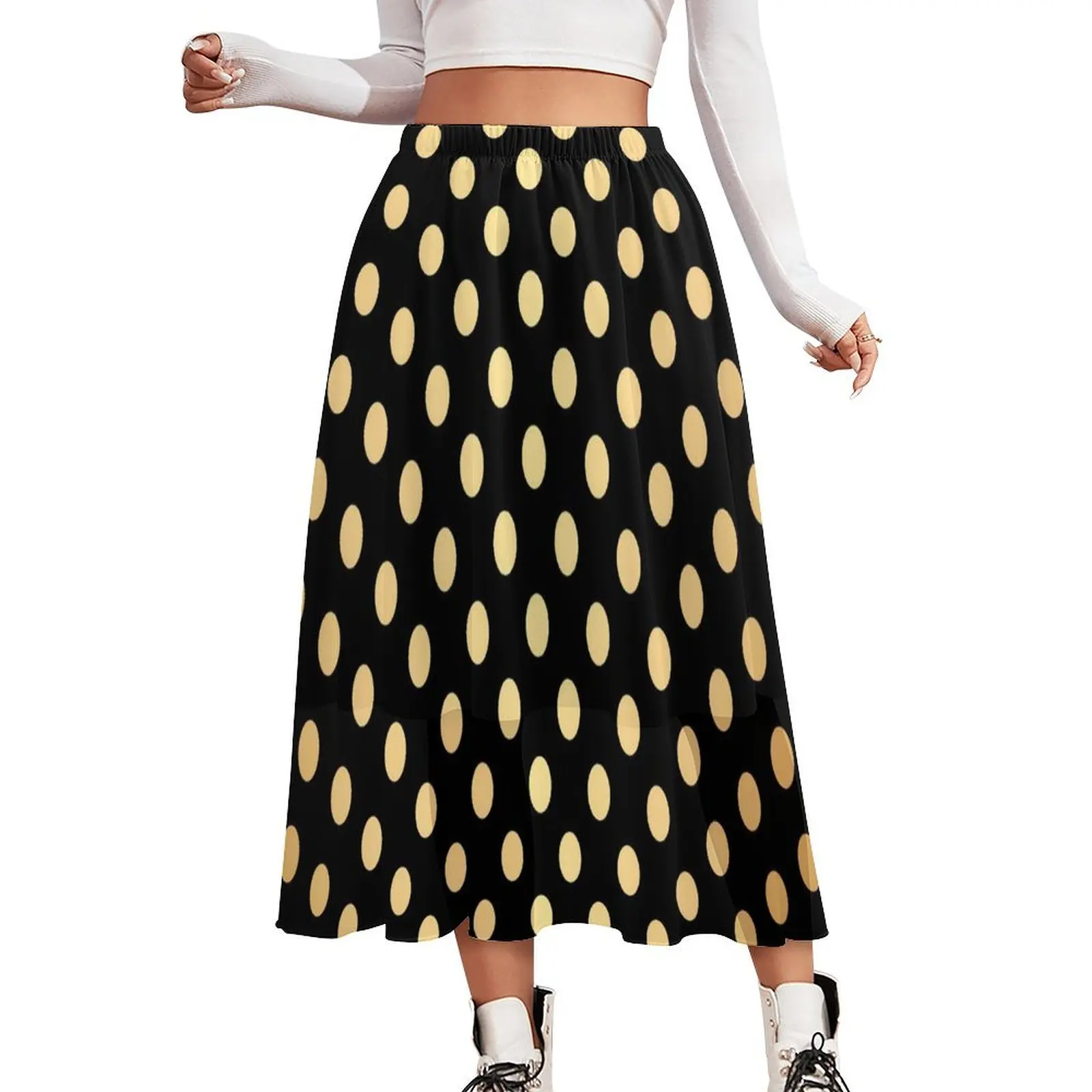 

Vintage Polka Dots Skirt Black And Gold Elegant Boho Skirts Elastic Waist Custom Aesthetic A-line Skirt Large Size