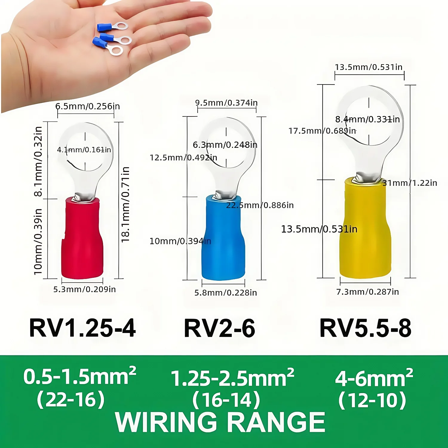 80pcs Ring Terminals Insulated O Ring Crimp Connectors - M4 M6 M8 22-16/16-14/12-11AWG Gauge Electrical Crimp Terminal PVC