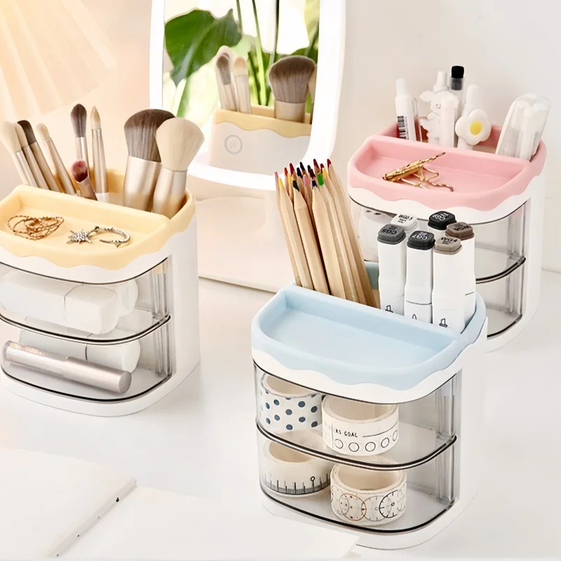 Large Capacity Rotating Desk Organizer with Drawers, Multi Compartment Pen Holder for School Supplies,Office Tools,and Cosmetics view 5