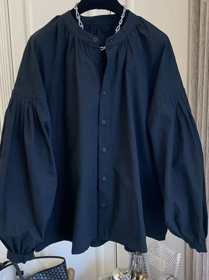 2025 Spring Autumn Women Casual Shirt French Vintage Blouse Loose Fit Turn Down Collar
