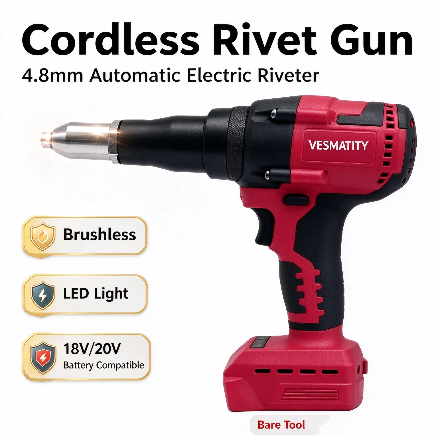 Cordless Brushless Rivet Gun 4.8MM Automatic Electric Riveter Tool With LED Light Wireless Riveting Tool For 18V 20V
