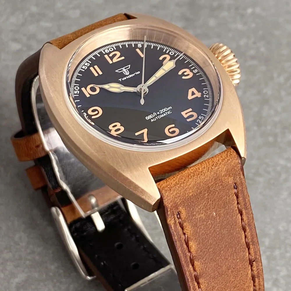 CUSN8 Solid Bronze Case Tandorio NH35 Domed AR Sapphire 36mm Lume Vintage Mechanical Watch Men 200M Dive Clock Leather Band