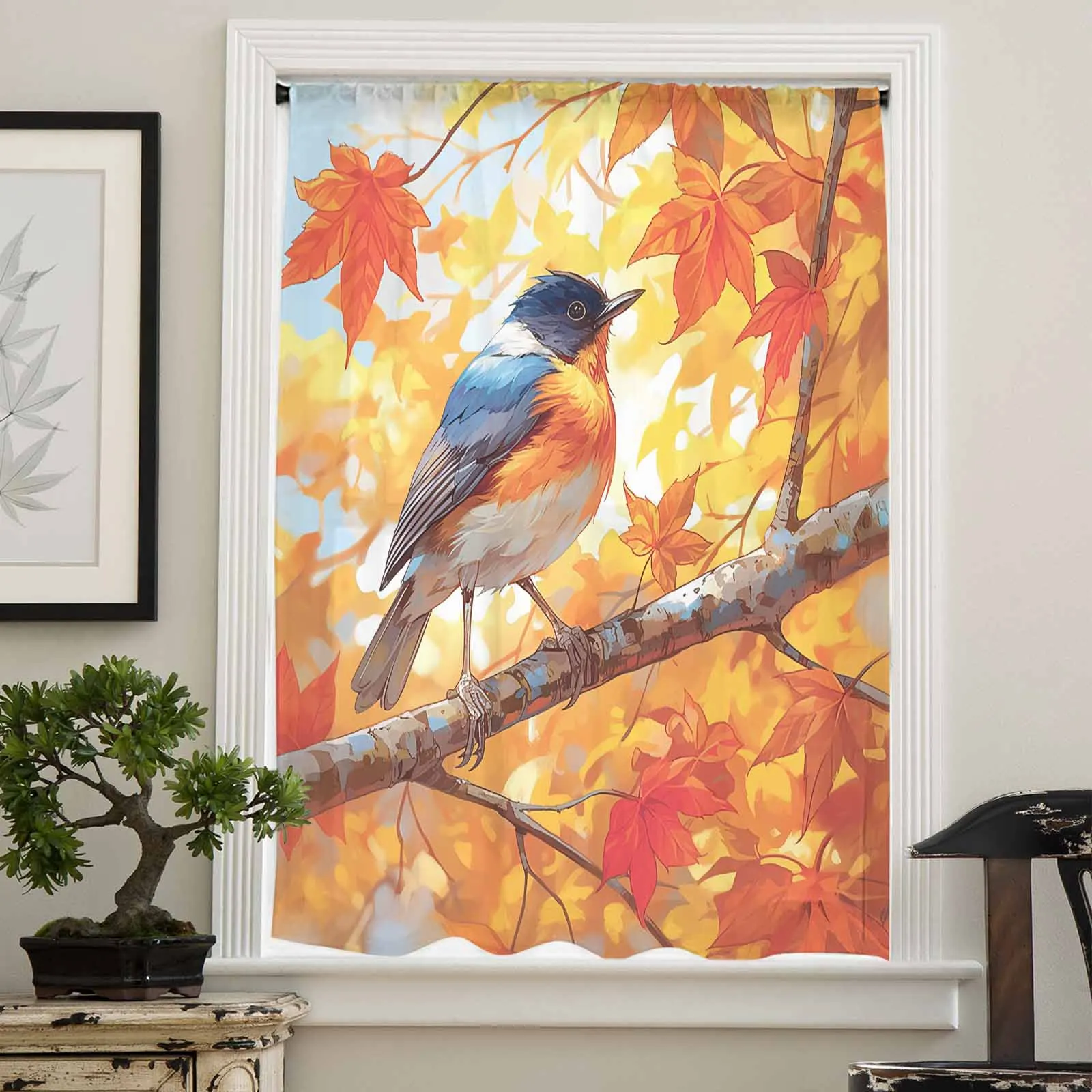 Autumn Maple Leaf Bird Blue Sky Season Sheer Curtain Living Room Drapes Home Bedroom Voile Curtain Tulle Window Curtain