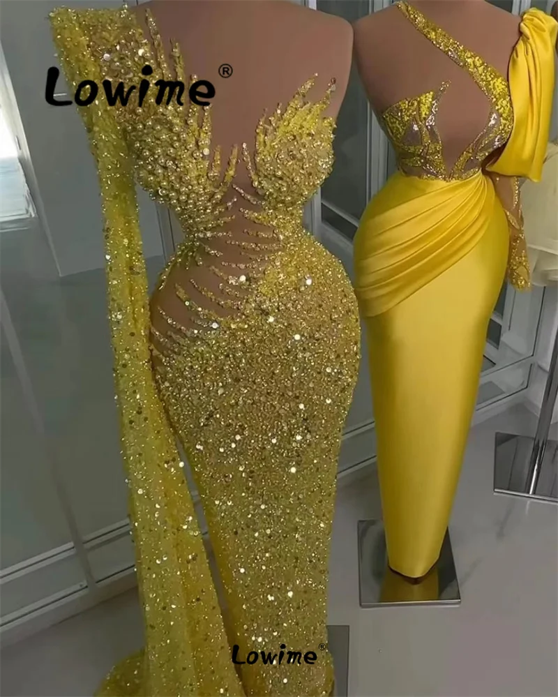 Yellow See Through Prom Dress Aso Ebi Crystal Mermaid Party Dress Sequined One Shoulder Birthday Evening Gowns Long Sleeve Robe