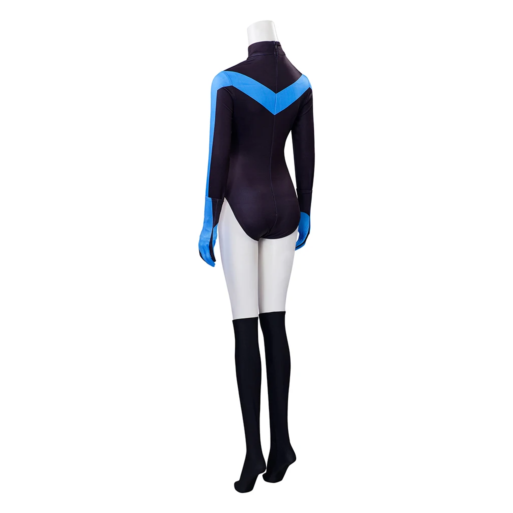 Black and Blue Costume Jumpsuit Haloween Superhero Bodysuit with Gloves Stockings Full Set for Women