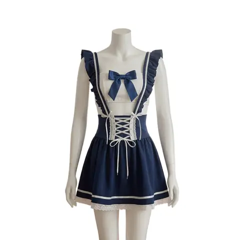 2026 Women's Two Piece Sailor Dress Set Featuring Ruffle Strap Suspender Skirt and Lace-up Waist, Kawaii Navy Pinafore Outfit