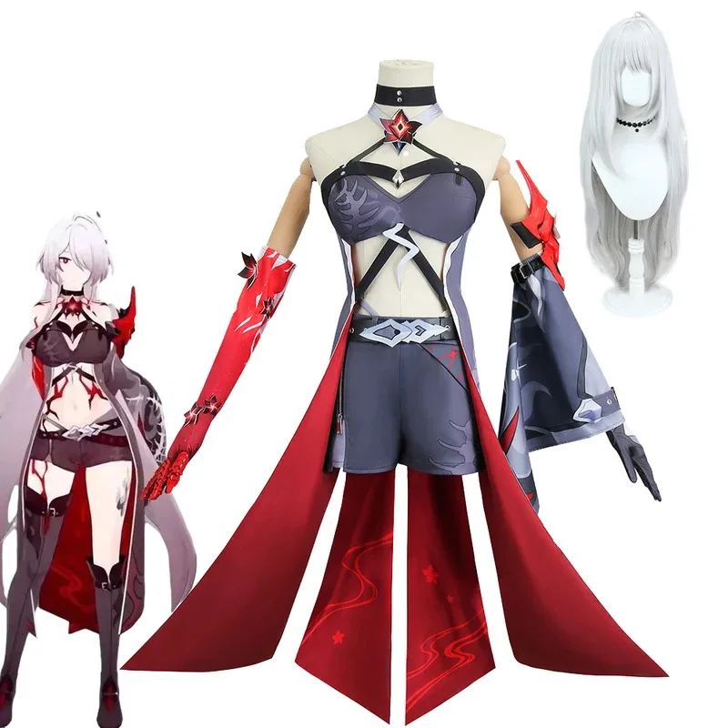 Acheron تأثيري الفرنسية خادمة زي هونكاي ستار السكك الحديدية كرنفال موحدة شعر مستعار أنيمي هالوين ازياء الرجال لعبة