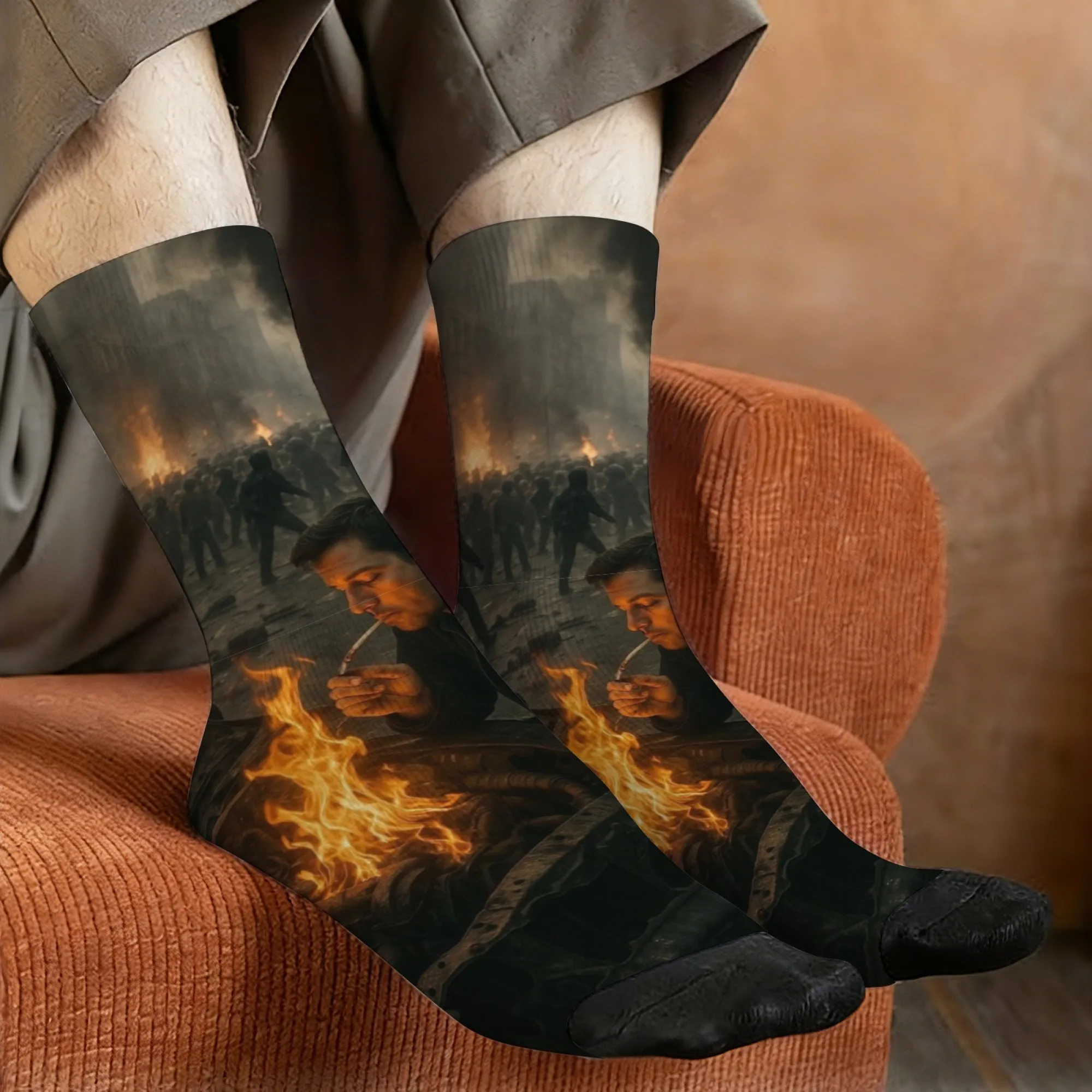 

Post-apocalyptic wasteland campfire drinking alone printed men's socks novel street style casual socks breathable socks gift