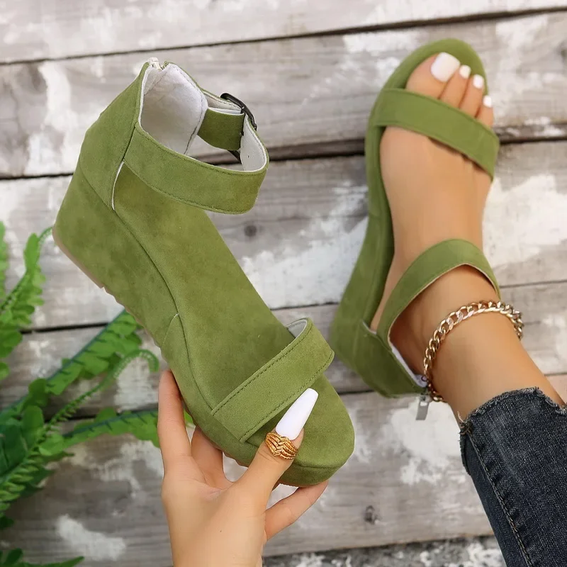 Green Wedge Sandals for Womens New Peep Toe Broad Band Platform Buckle Strap Round Head Cover Heel Back Zipper Beach Shoe