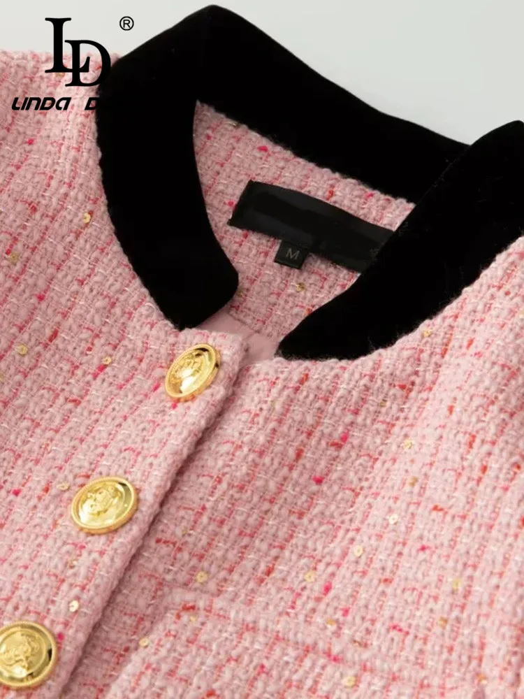 LD LINDA DELLA-Manteau court en tweed à manches longues pour femmes, jupes de gâteau en maille noire, rose, créateur de mode, printemps, ensemble de 2 pièces