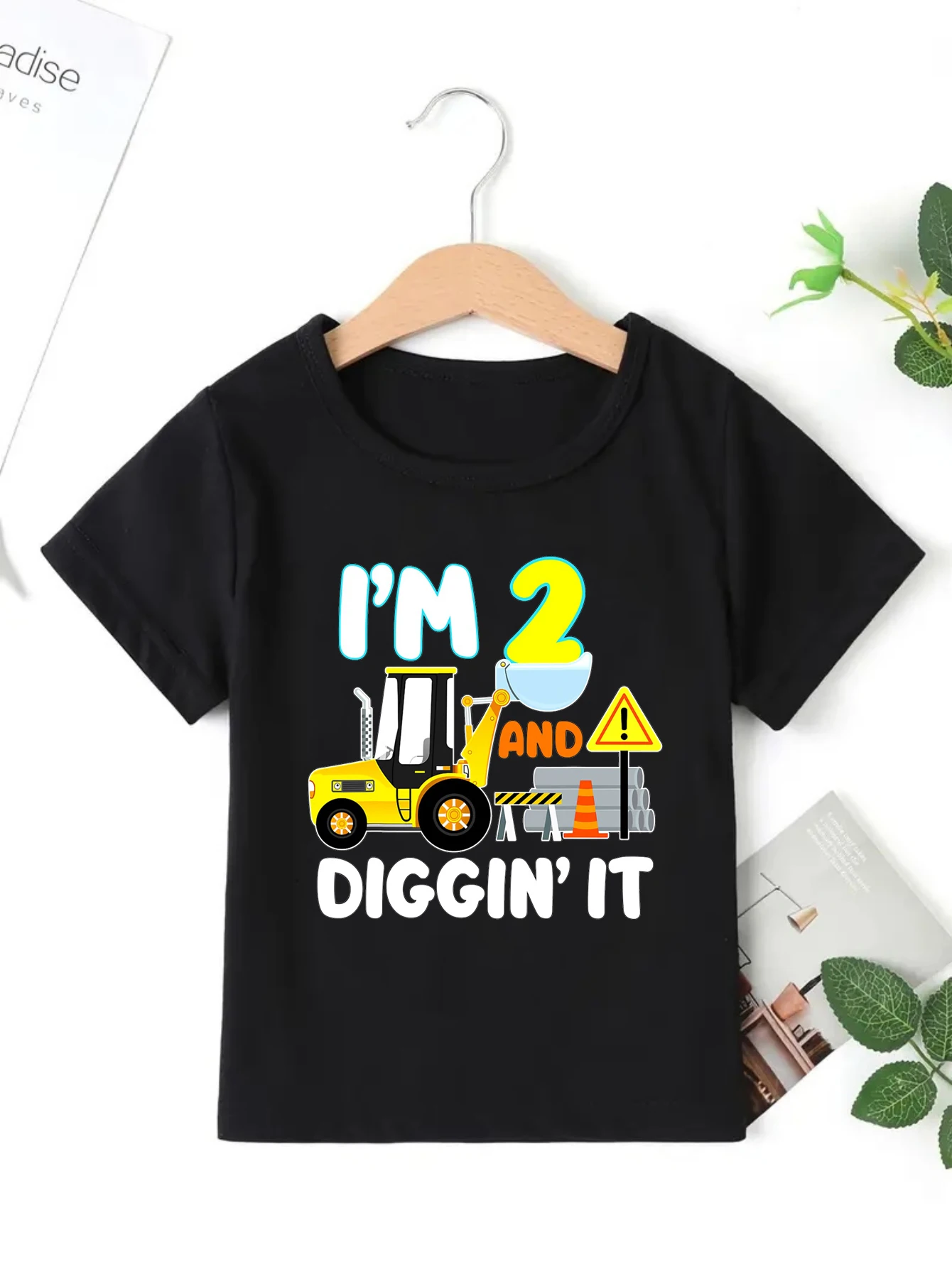 

I Am 2nd And Diggin It Excavator Printed T Shirt Boys Black T-Shirt Kawaii Toddler Shirt Short Sleeve Shirt