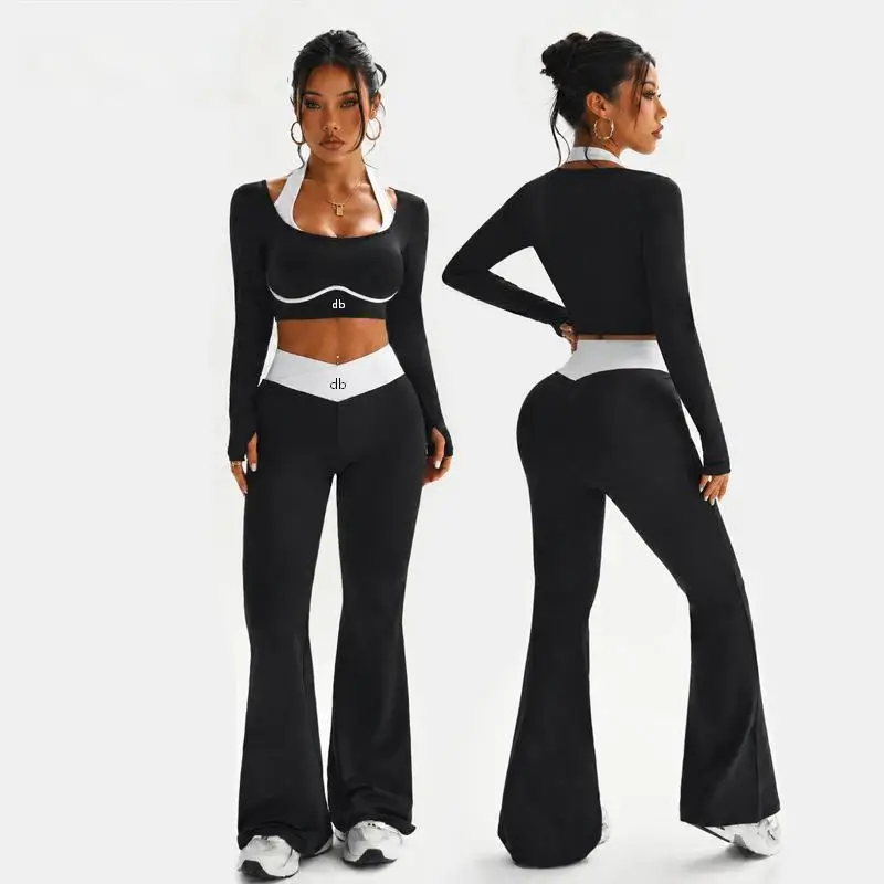 2026 New Style Long-Sleeved Yoga Set for Ladies - Color-Contrasting Collar Top, Peach-Hued Wide-Aisle Pants, Fitness Set