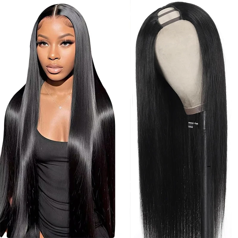 

U Part Wig Human Hair Straight Machine Made Peruvian Hair Remy 220% Human Hair Quality Clip In Natural Black Color V Part Wigs