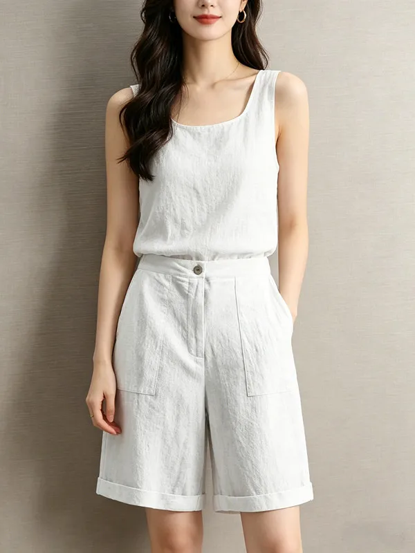 Comfort Ladies High Waist Cotton Linen Bermuda Shorts for Women Casual Loose Fit Summer Knee-Length fashion streetwear