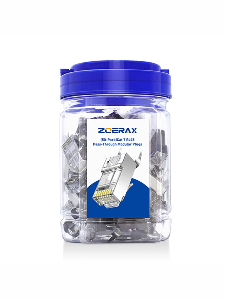 ZoeRax 50 sztuk ekranowanych złącz RJ45 Cat7 Cat6A typu Pass Through - 3-pinowe 8P8C, pozłacane 50U, dwuczęściowe wtyki do kabli Ethernet — zdjęcie 2