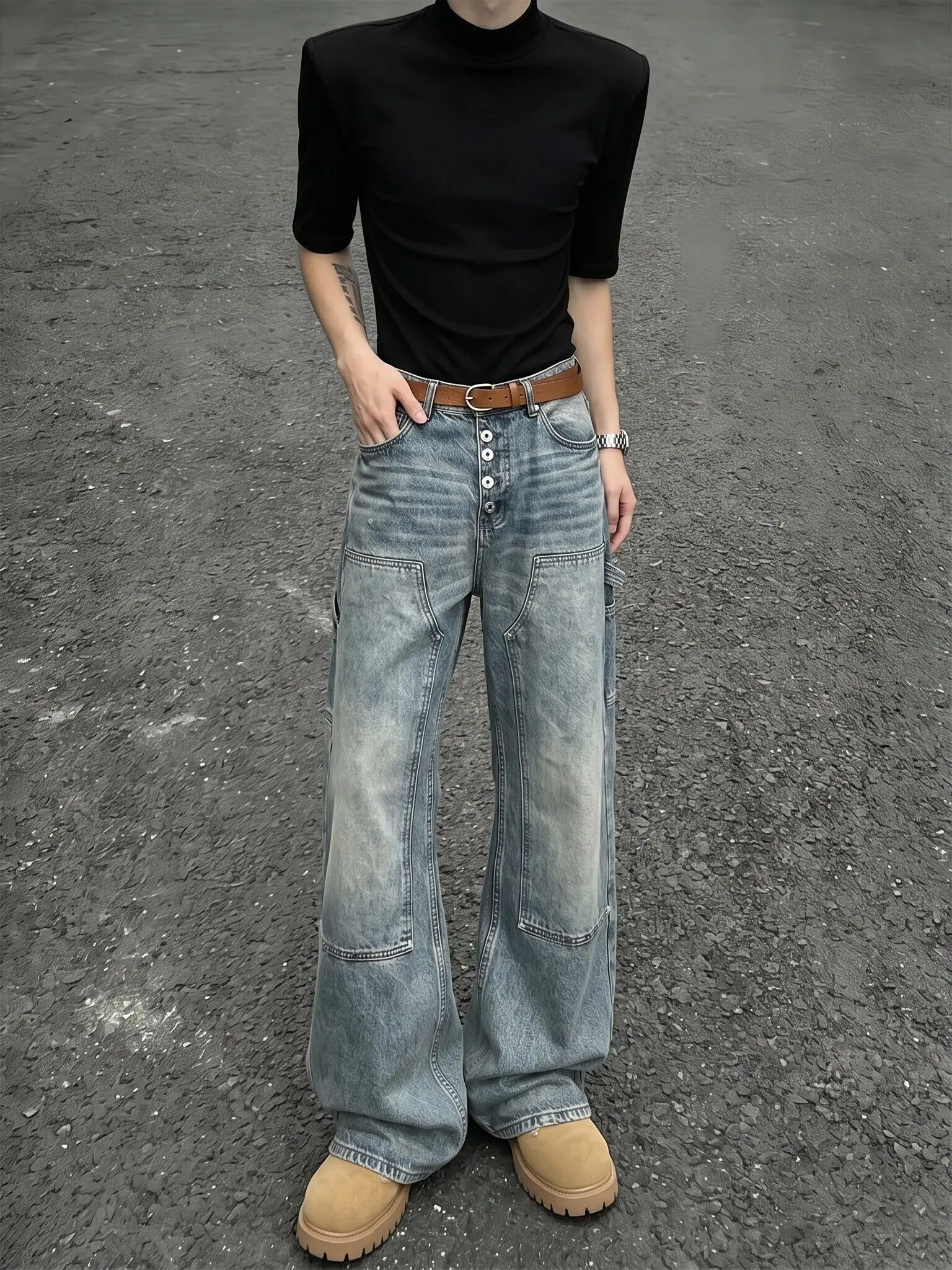 Retro American High Street Men's And Women's Denim Overalls Woodcutting Design Sense Vibe Pants Curved Knife Pants Trendy